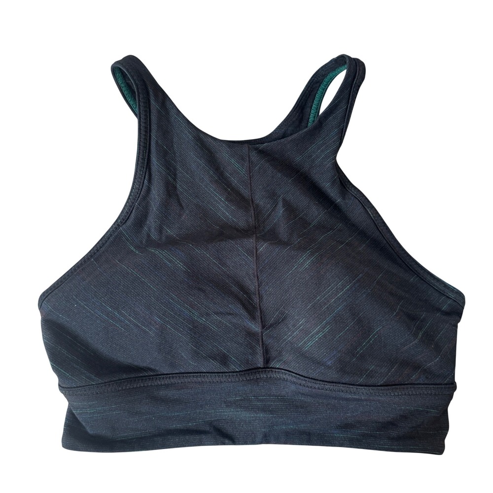 Prana High Neck Sports Bra Black Teal Space Dye Strappy Back Yoga Top S Gorpcore